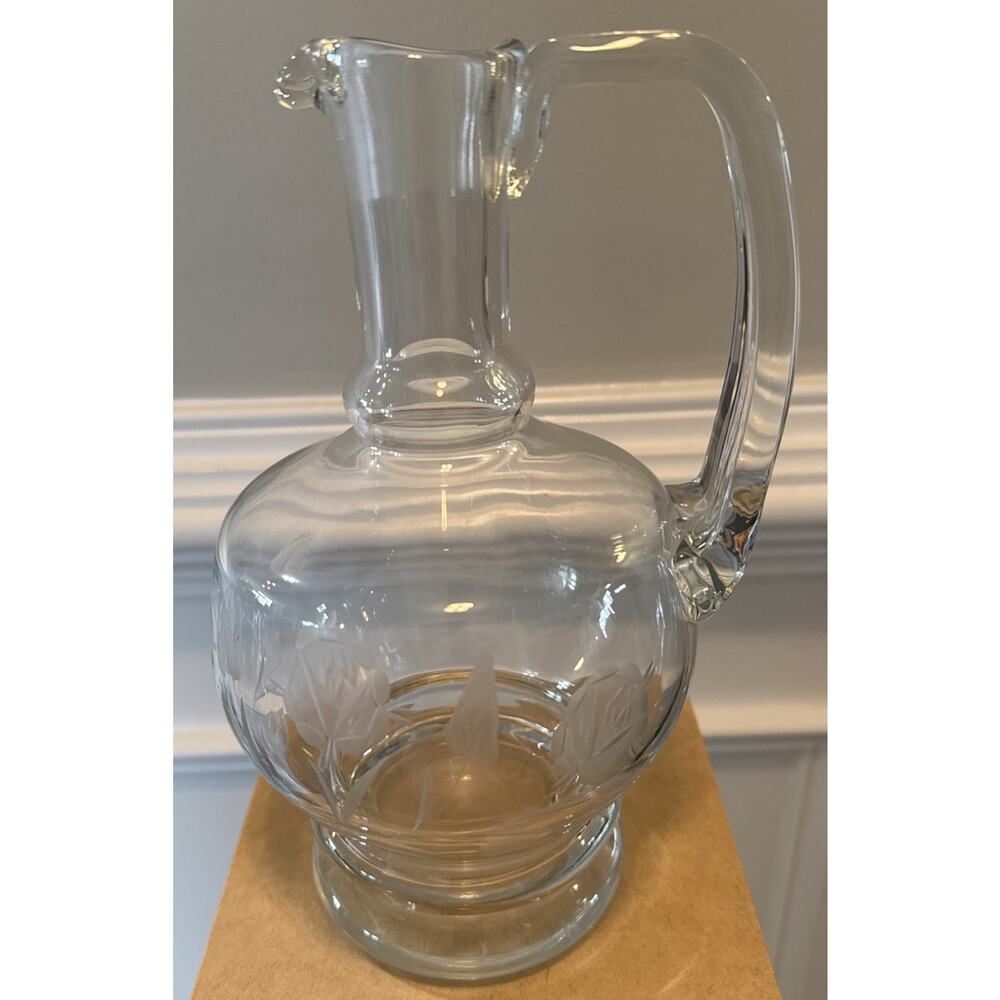 Vintage Etched Glass Wine Decanter Pitcher Footed Floral Applied Handle - Picture 3 of 5